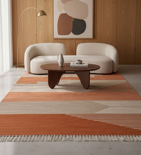 Soft Geometric Rug 5X8 ft| Orange & Beige Carpet Dhurrie
