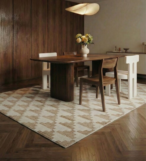 Soft Geometric Rug 5X8 ft| Tan & White Carpet Dhurrie