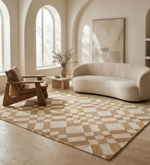 Soft Geometric Rug 5X8 ft| Tan & White Carpet Dhurrie