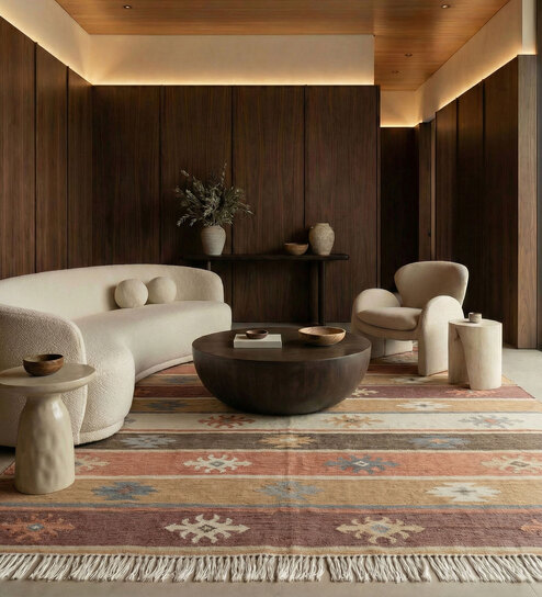 Soft Geometric Striped Rug 6'6X9'6 ft| Coral Essence & Yellow flash Carpet Dhurrie