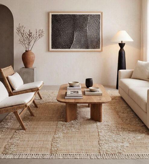 Soft Textured Braided Rug 5'6X7'6 ft| Tan & White Carpet Dhurrie