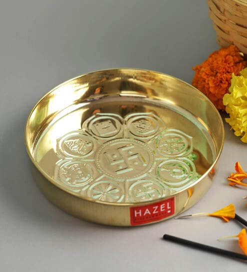 Astmangal khuchi Brass Puja Pooja Aarti Golden Thali 12.5 cm, Golden