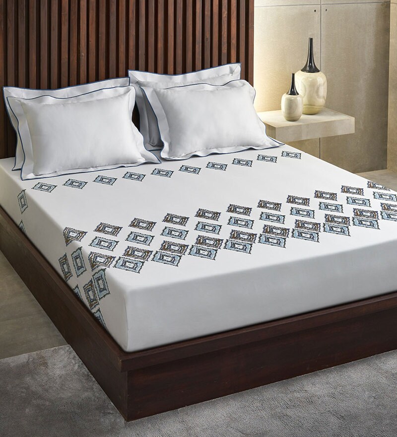 Buy Ascot Cobalt 100 Cotton 210TC Embroidered Double Bedsheet With 2