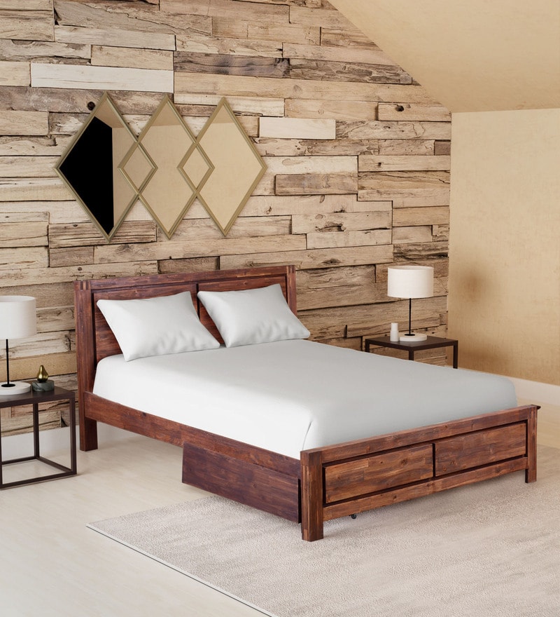 Buy Aston Solid Wood Queen Size Bed with Storage in Honey Walnut Finish