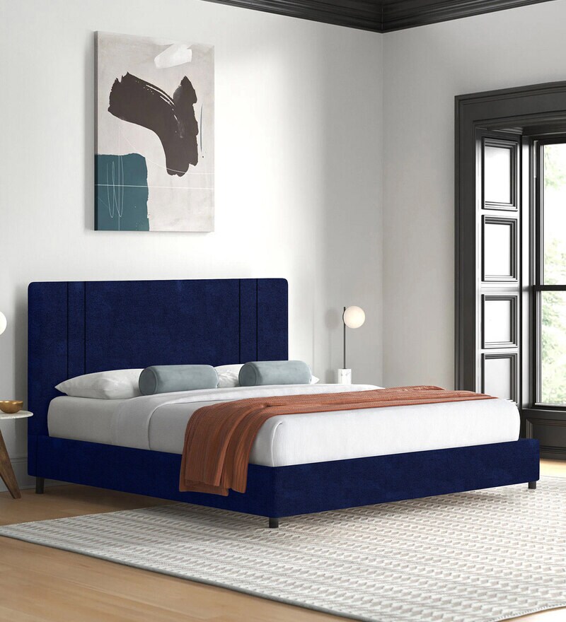 Buy Asyra Velvet Upholstered King Size Bed in Navy Blue Colour by Febonic Online Upholstered