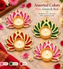 Assorted Golden Lotus Tealight and Diya Holders with Multicolour Accents and Tealight Candle 4 Pcs