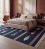 Soft Geometric Fish Pictorials Rug 4X6'6 ft| Deep Navy & Ribbon Red Carpet Dhurrie