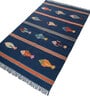 Soft Geometric Fish Pictorials Rug 4X6'6 ft| Deep Navy & Ribbon Red Carpet Dhurrie