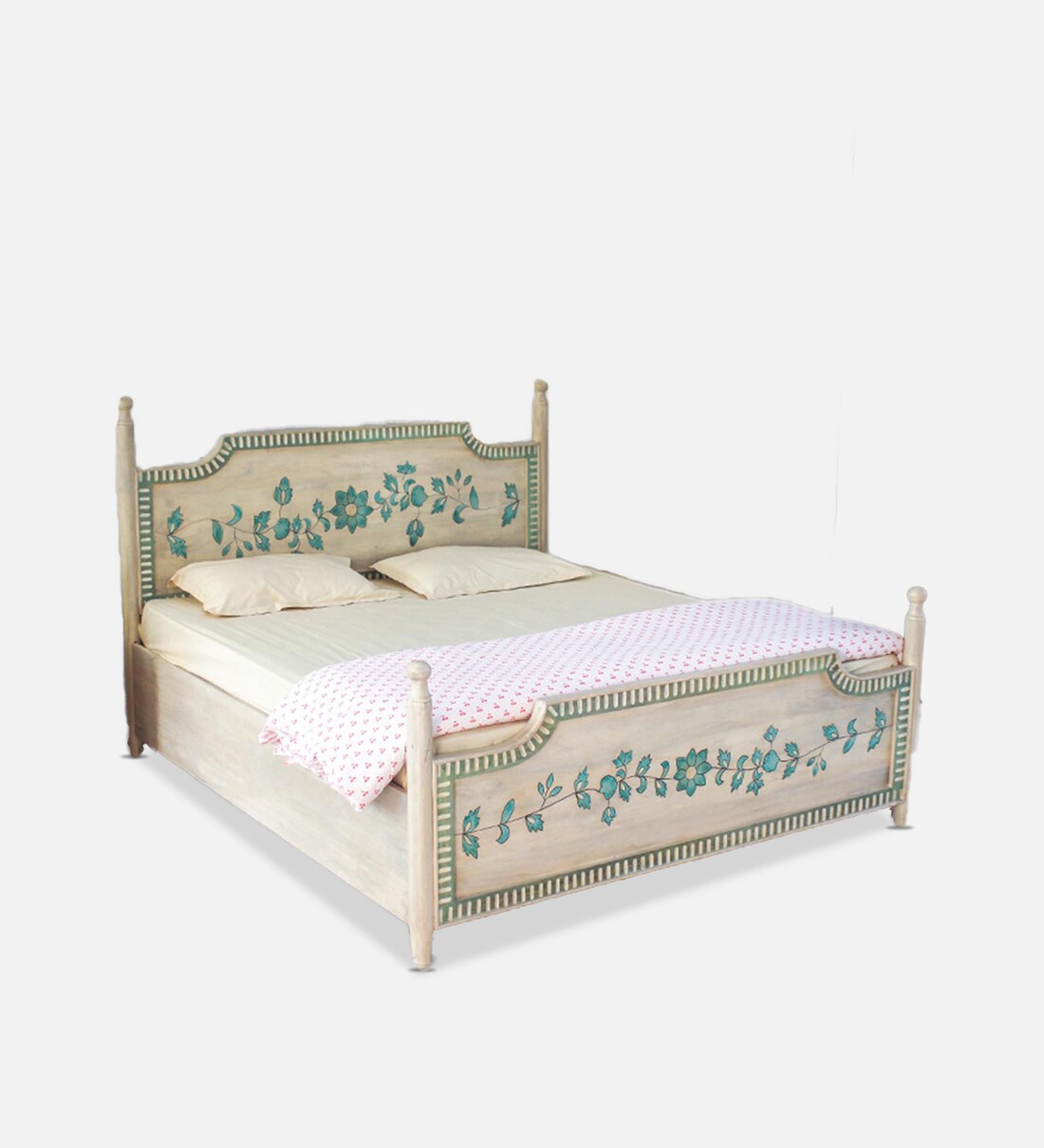 Buy Athens Solid Wood King Size Bed in Vintage White Finish with Box