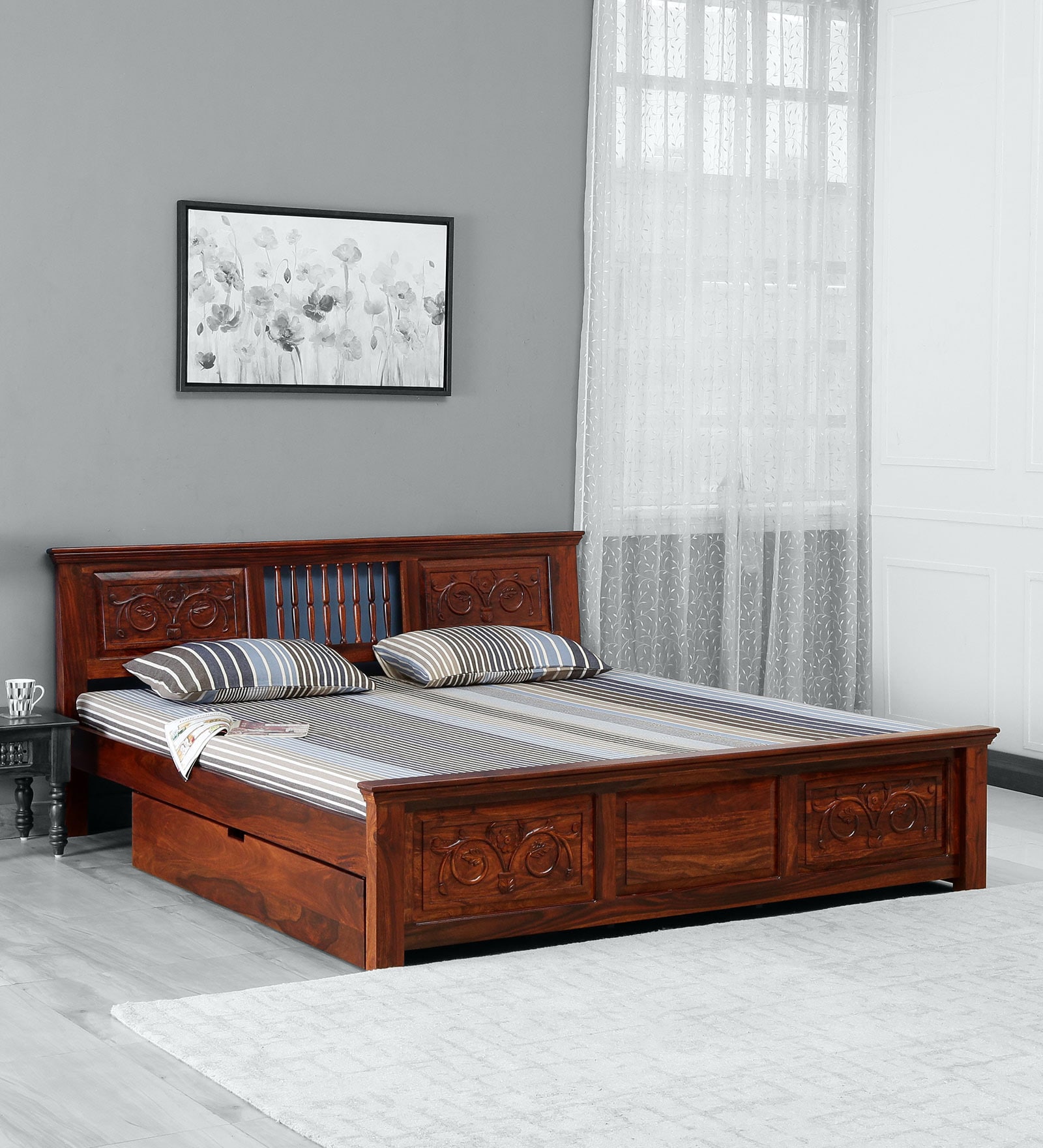 Kumud Solid Wood King Bed With Drawer Storage In Honey Oak Finish