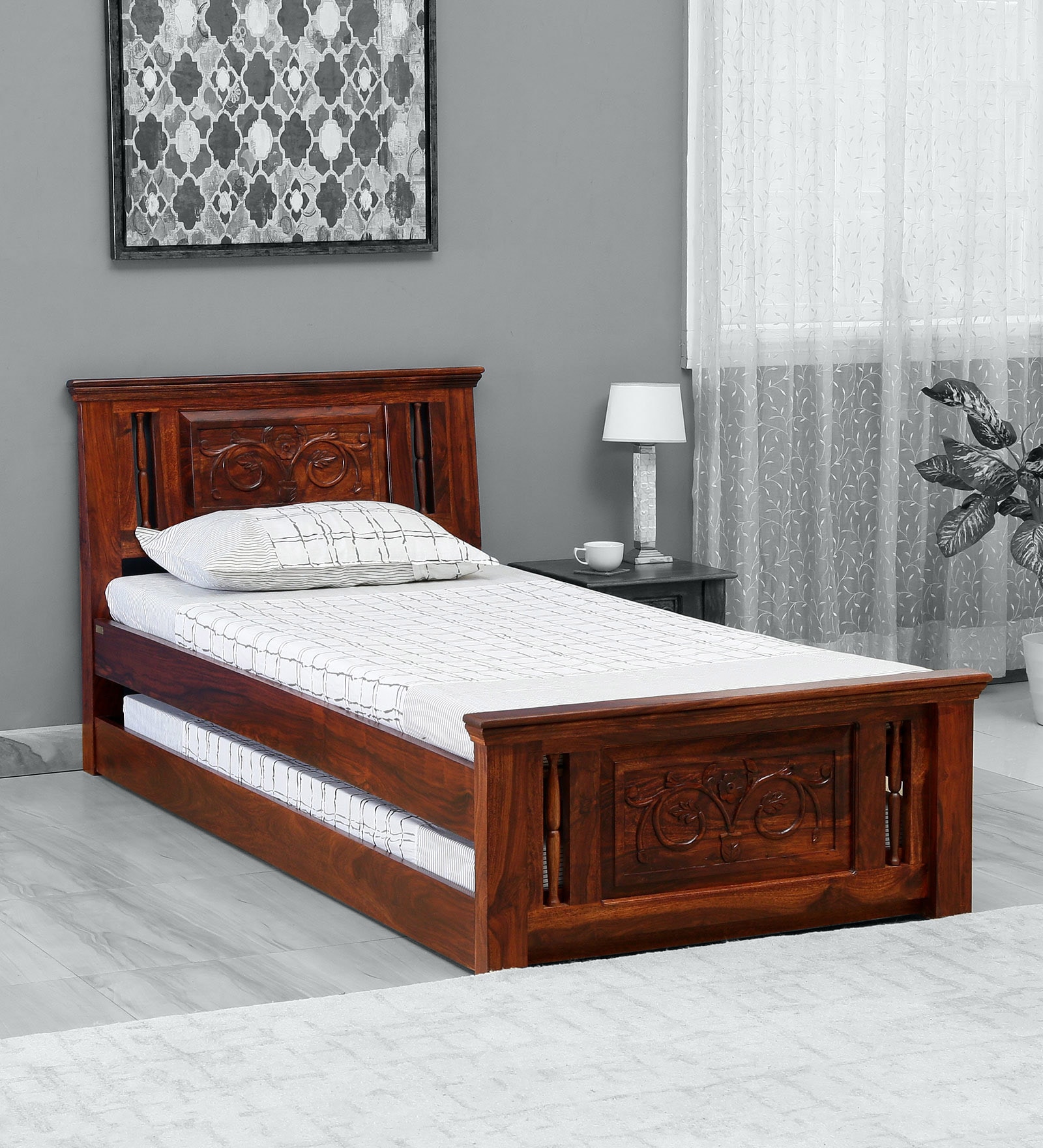 Kumud Solid Wood Trundle Bed In Honey Oak Finish