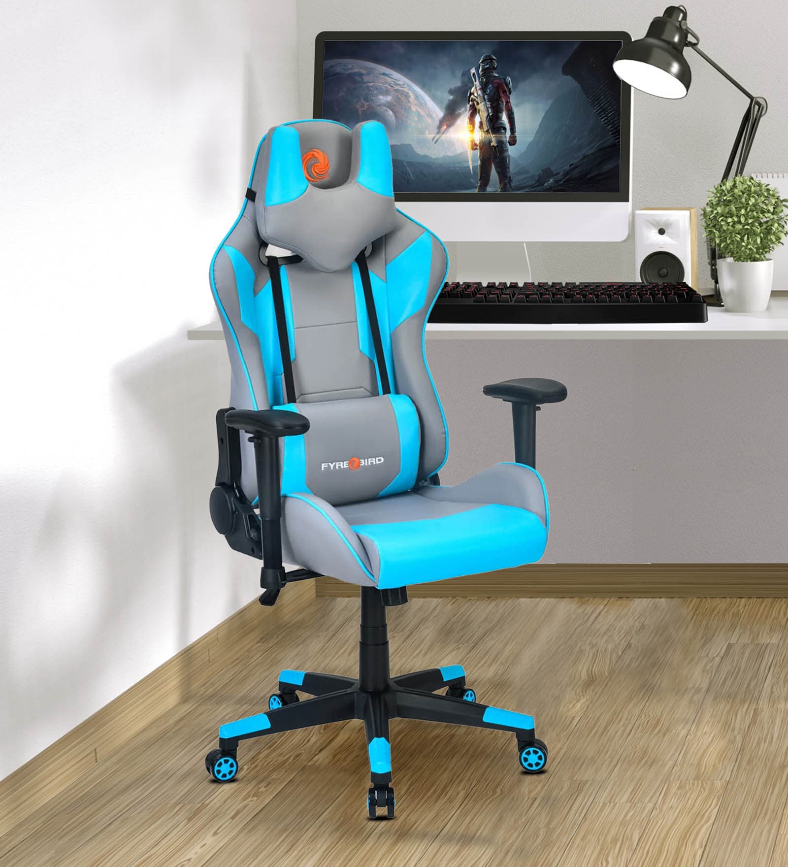 Athena Leatherette Gaming Chair  in Grey & Turquoise Colour