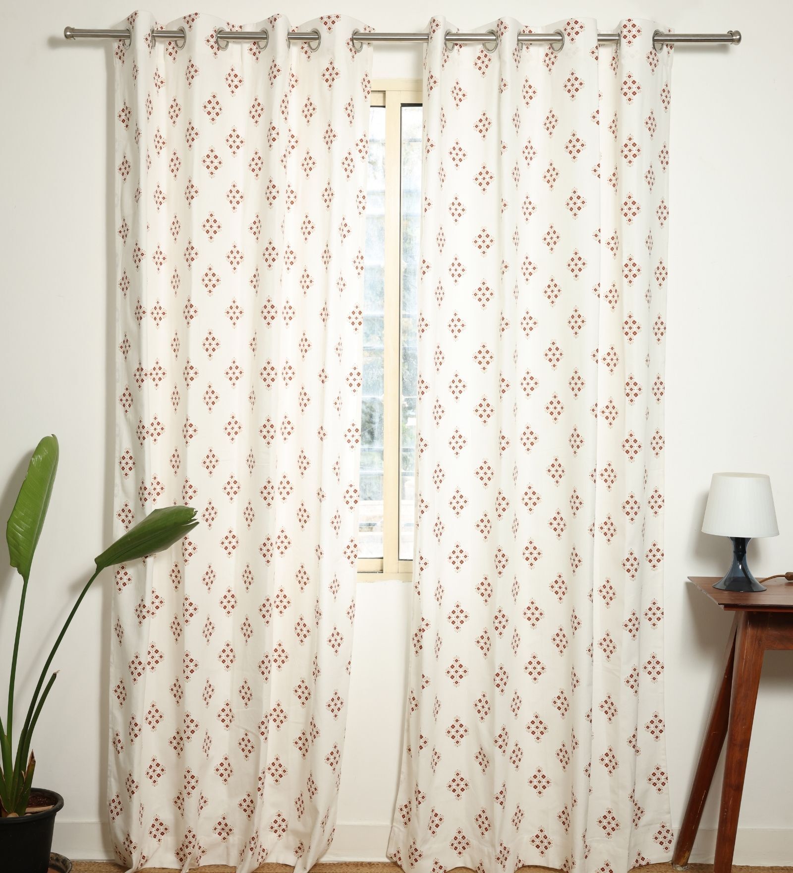 Athens Cream & Red Cotton 230 GSM  Geometric 9 Feet Room Darkening Eyelet Long Door Curtains (2 Pc)