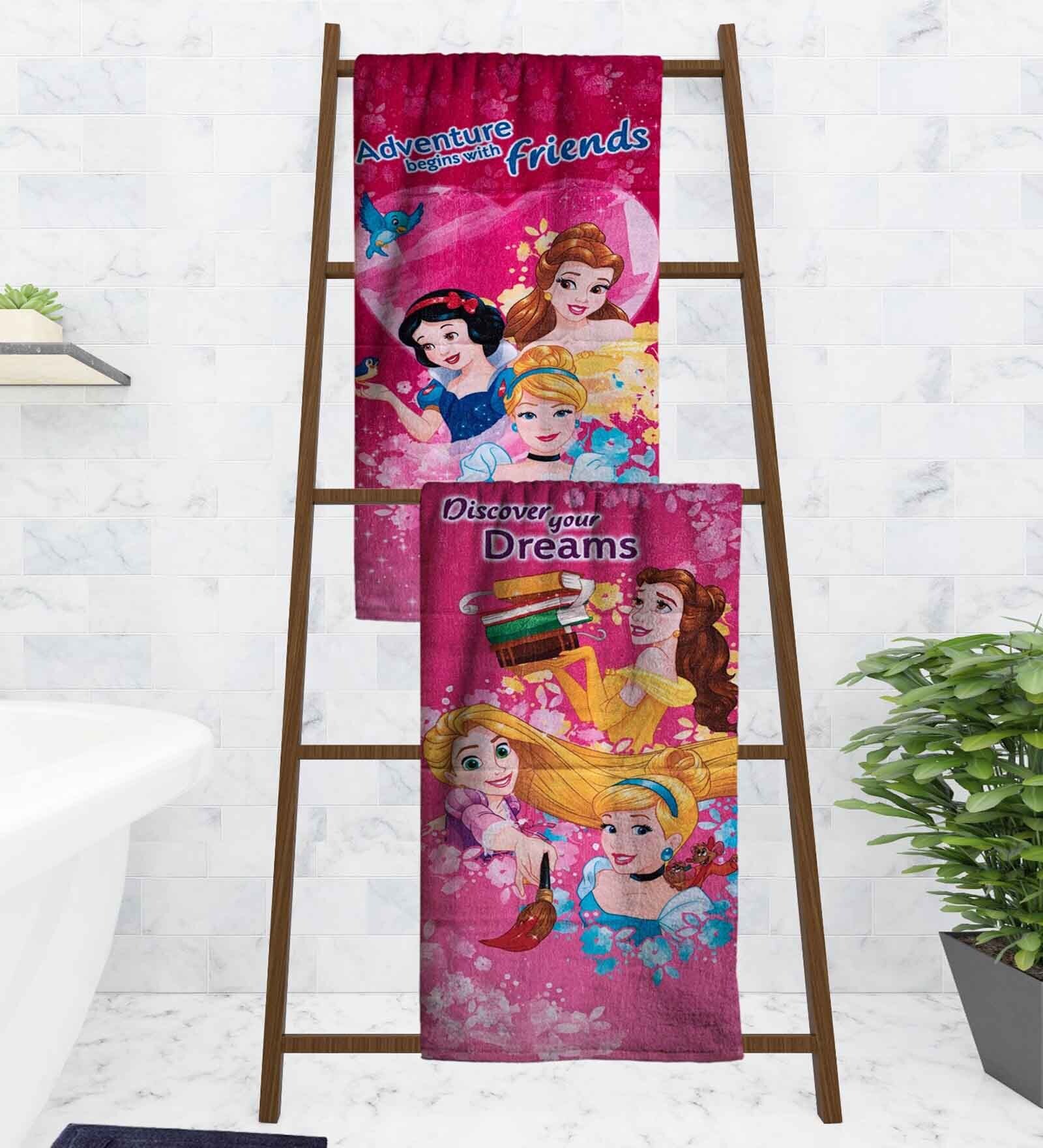 Disney Adventure Begins With Friends & Discover Your Dreams Princess Multicolor 350 GSM Cotton Kids Towels (Set Of 2)