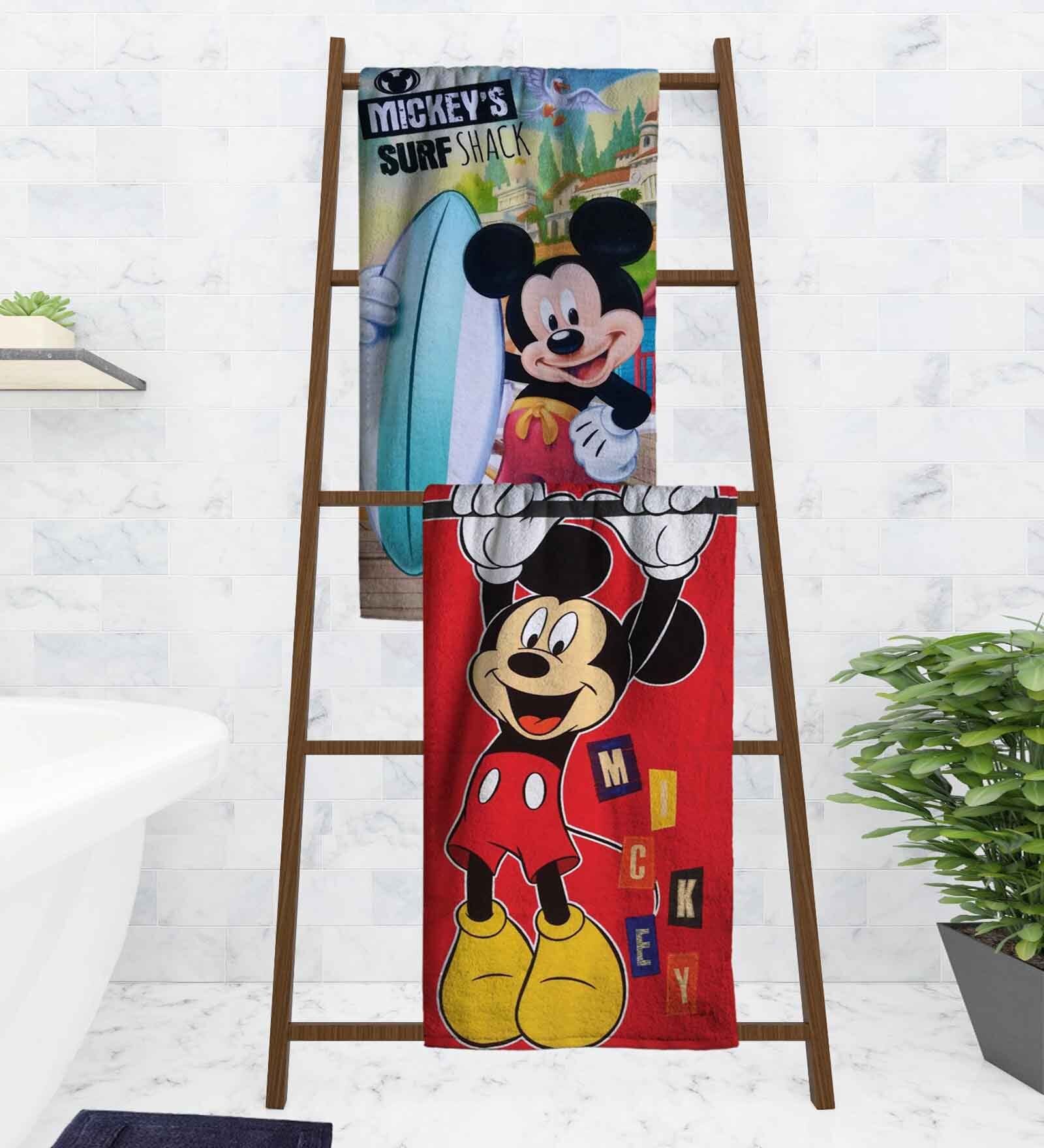 Disney Mickey Mouse Surf & Red Mickey Mouse Multicolor 350 GSM Cotton Kids Towels (Set Of 2)