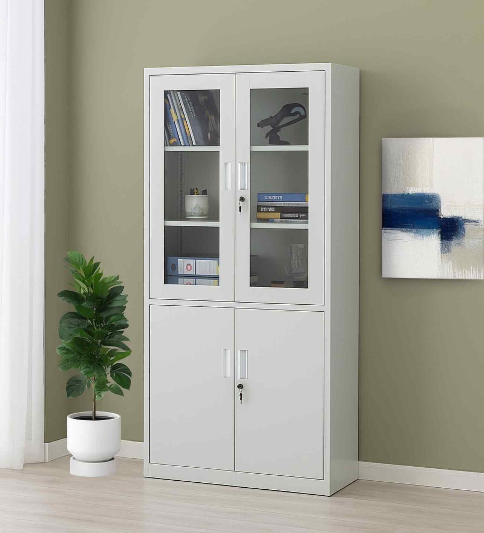 Atlas Metal 5 Tier Glass Door Bookshelf In Grey Finish