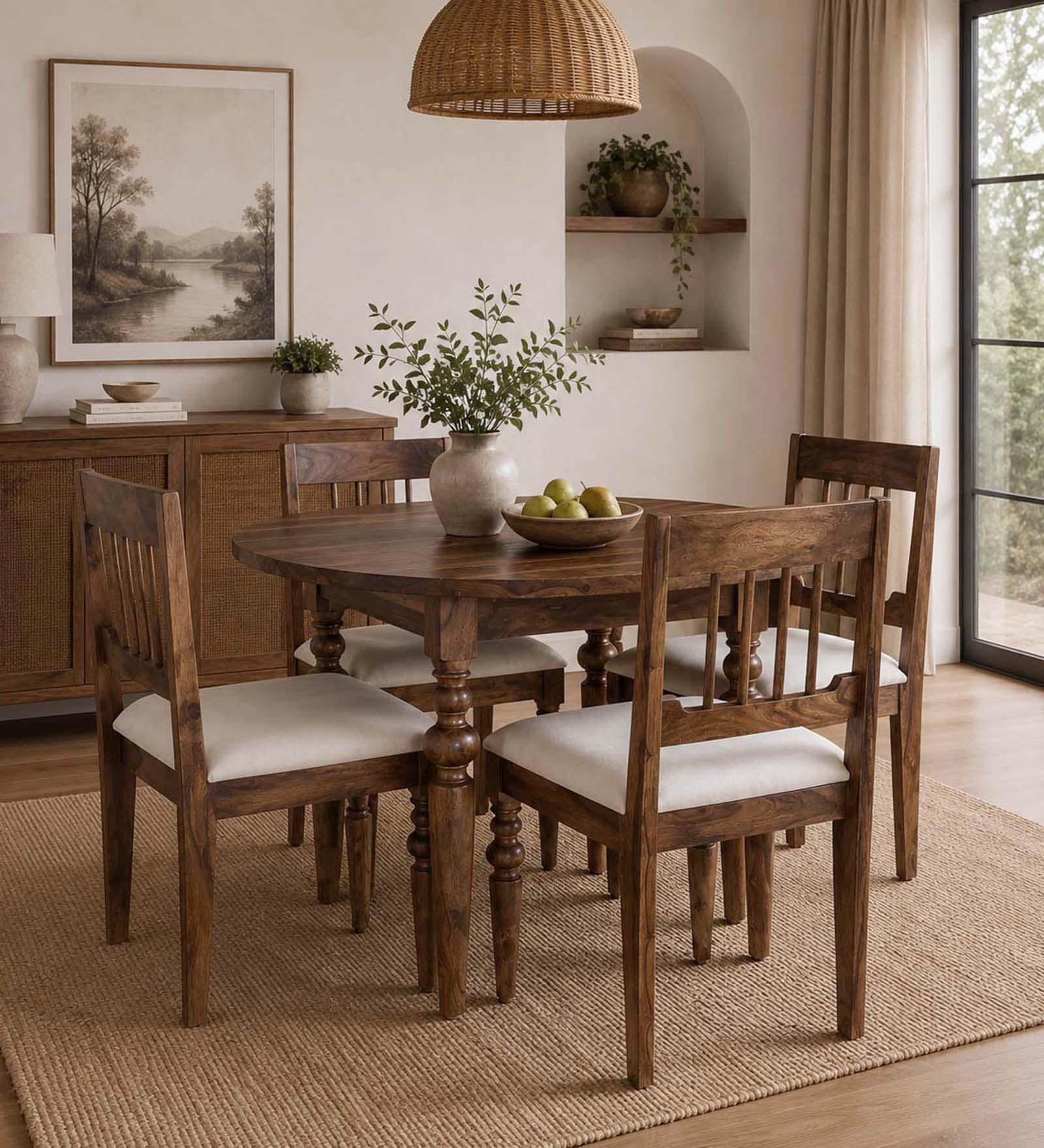Atlas Sheesham Wood 4 Seater Dining Set In Provincial Teak Finish