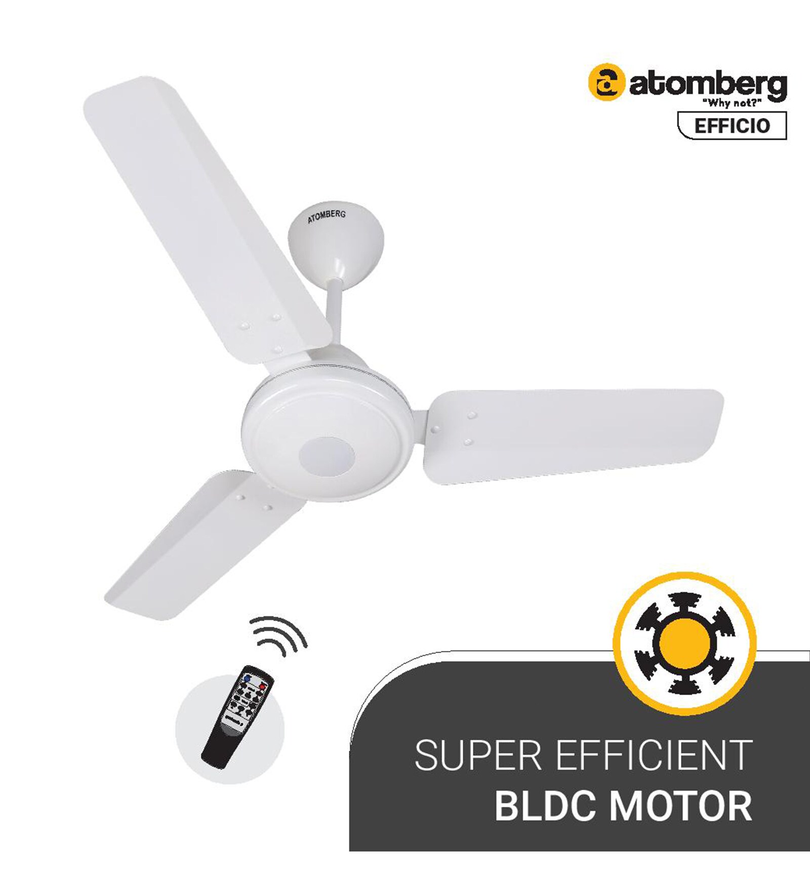 Atomberg Efficio 900mm 28W BLDC 5 Star Rated High Speed Ceiling Fan with Remote(White)