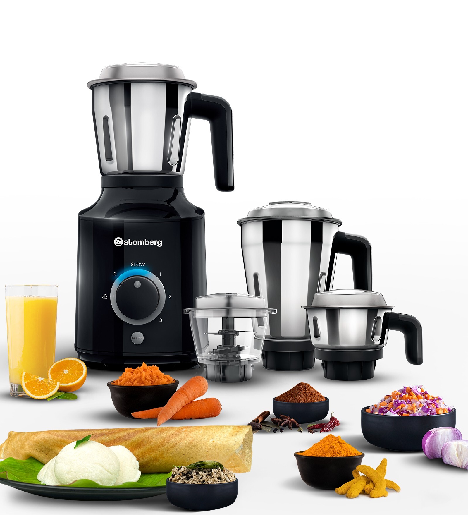 Atomberg MG1 Mixer Grinder with Inverter Technology & Slow Mode, 485W, 3 Jars and Chopper (Black)