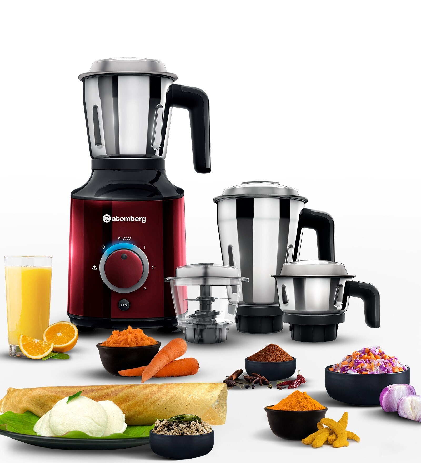 Atomberg MG1 Mixer Grinder with Inverter Technology & Slow Mode, 485W, 3 Jars and Chopper (Red Wine)