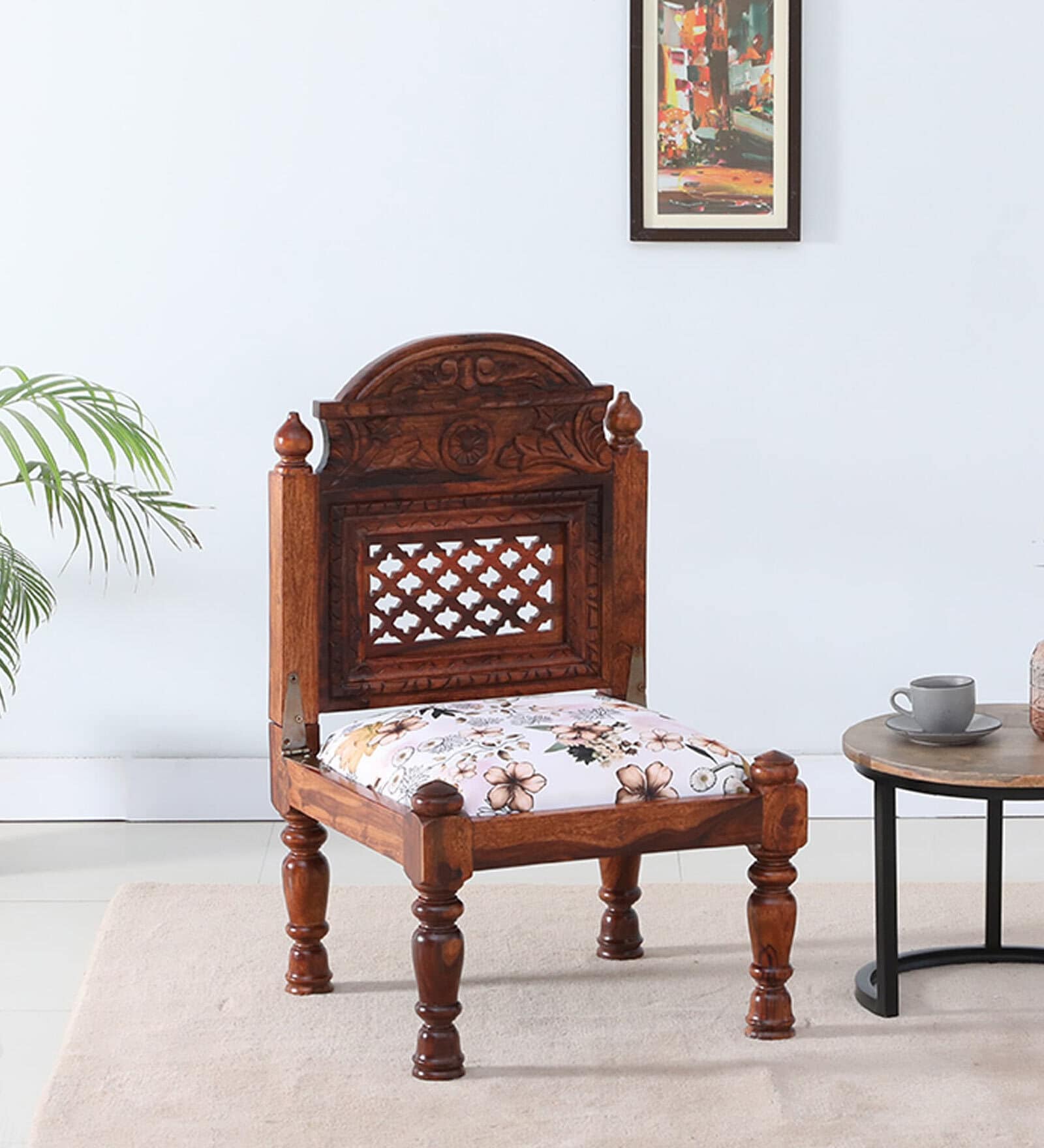 Atulya Sheesham Wood Slipper Chair In Honey Oak Finish With Floral Cushion
