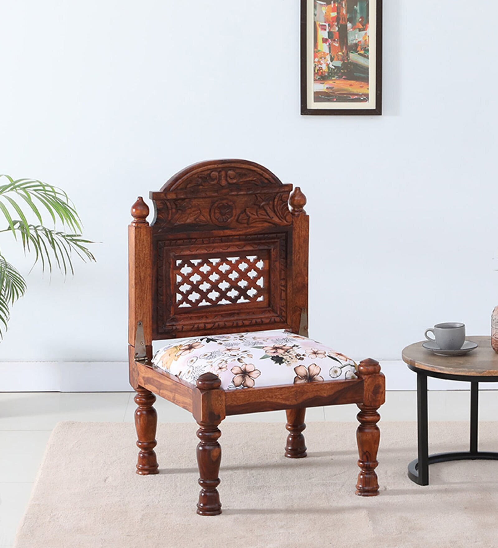 Atulya Sheesham Wood Slipper Chair In Honey Oak Finish With Floral Cushion Atulya Sheesham Wood Slipper Chair In Honey Oak Finish With Floral Cushion
