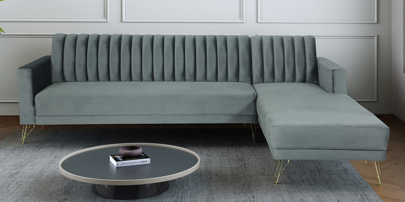 Atlantis Velvet LHS Sectional Sofa in Fossil Grey Colour