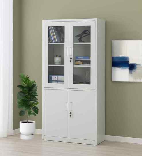 Atlas Metal 5 Tier Glass Door Bookshelf In Grey Finish