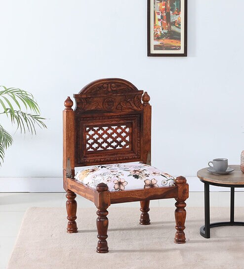 Atulya Sheesham Wood Slipper Chair In Honey Oak Finish With Floral Cushion