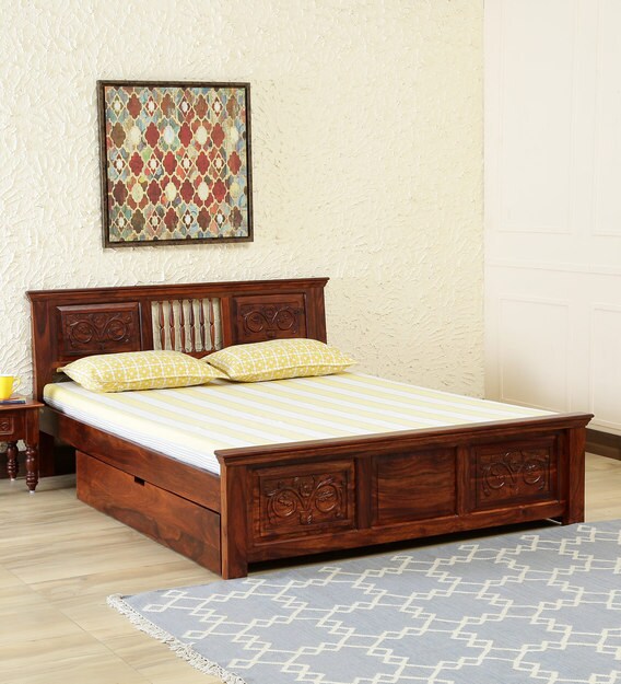 Buy Kumud Solid Wood Queen Bed With Storage In Honey Oak Finish By Mudramark Online