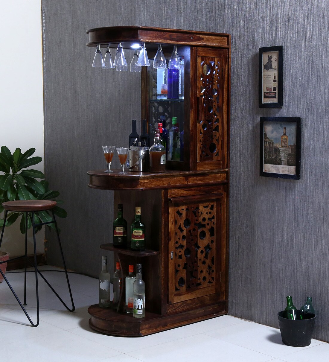 Buy Aura Solid Wood Bar Unit with Lights in Provincial Teak Finish By