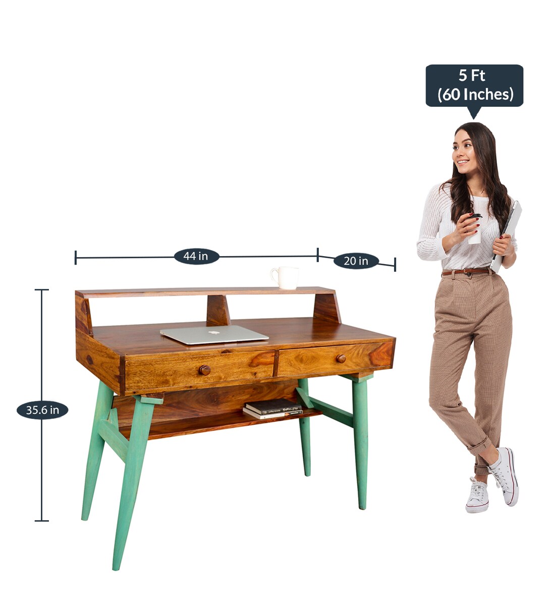 Buy Austin Study Table in Teak & Vintage Green Finish by Fabuliv Online