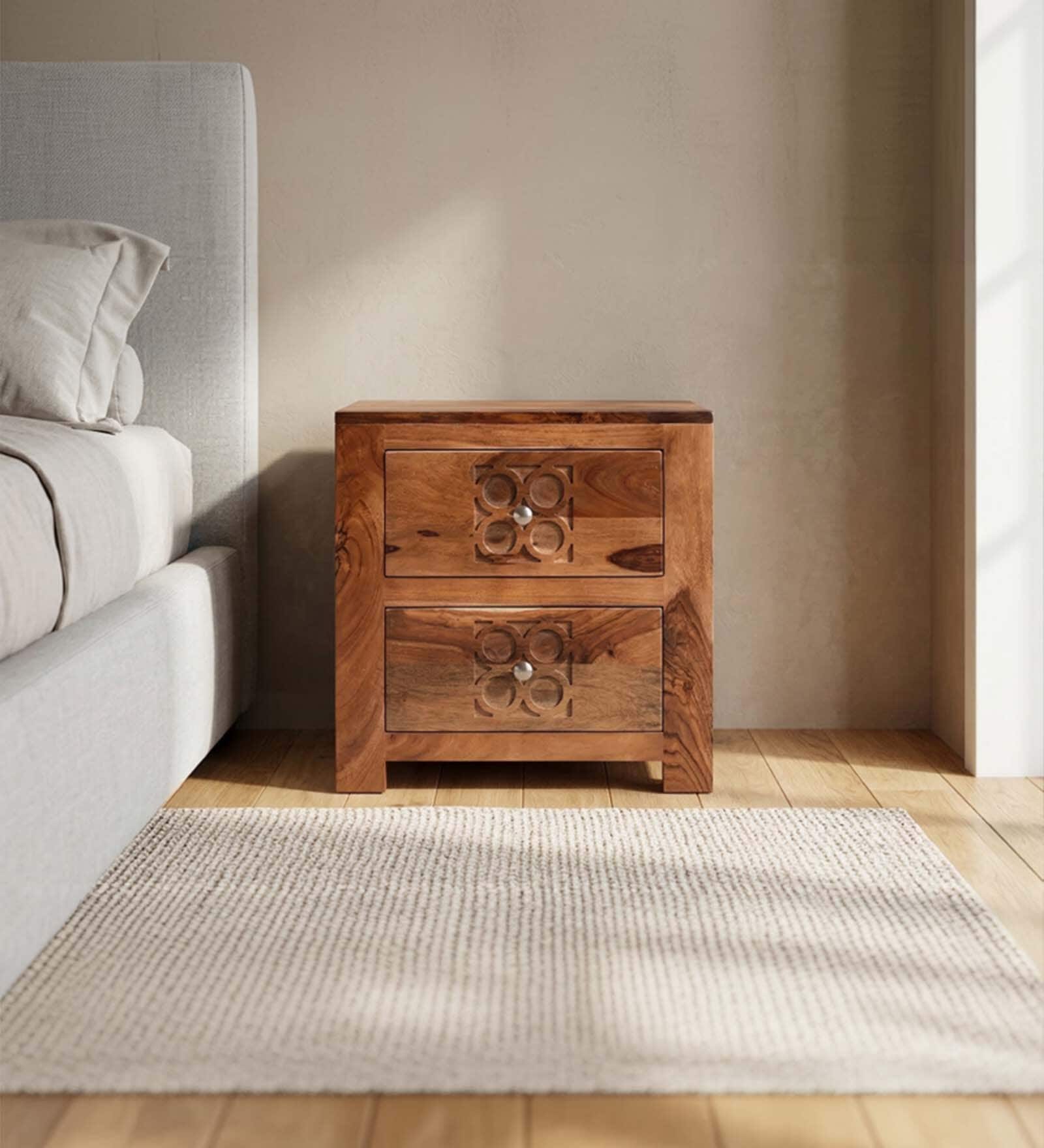 Audi Wooden Side Table V3 Sheesham Wood Bedside Table with Drawer Storage MDF & Solid Wood Veneer Nightstand with Metal Knobs