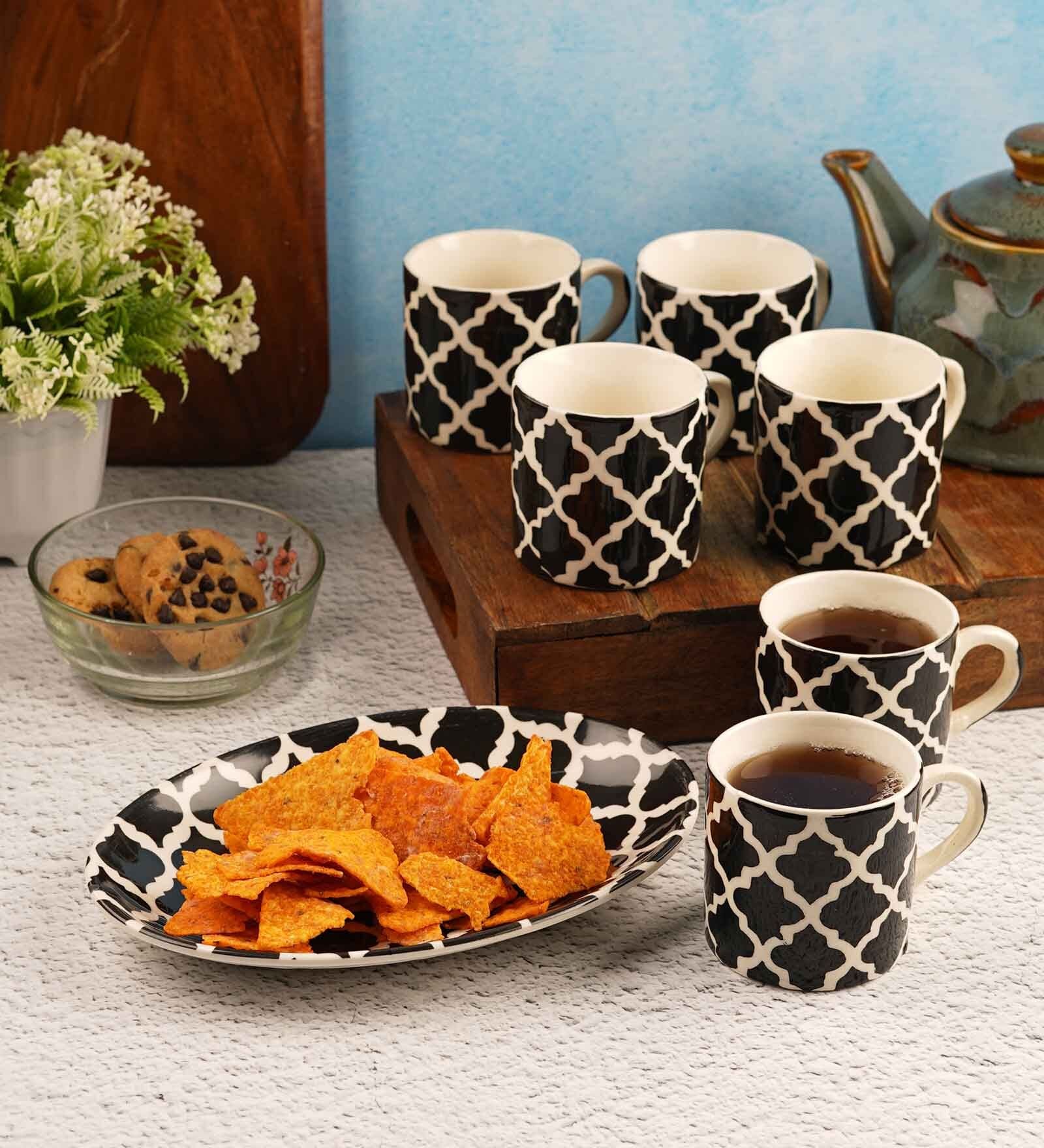 Aura Black Ceramic Glossy (Set of 7) Coffee Mug with Tray Gift Set