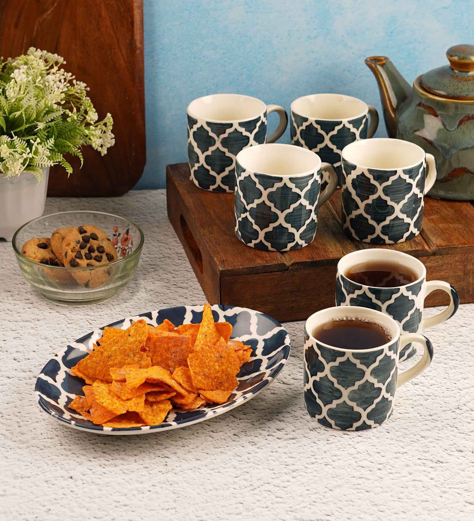Aura Blue Ceramic Glossy (Set of 7) Coffee Mug with Tray Gift Set