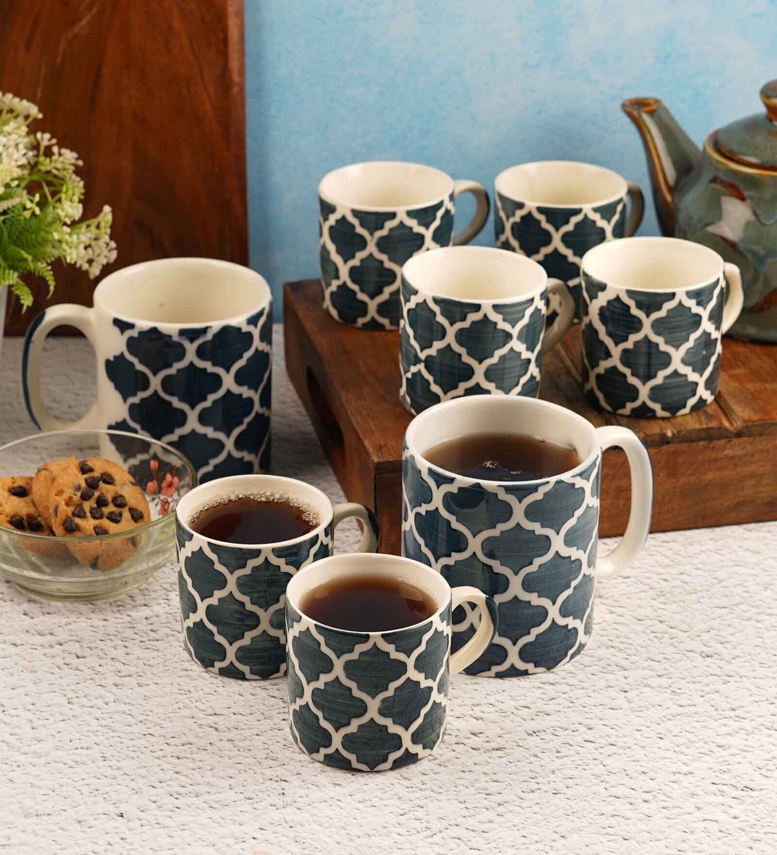Aura Blue Ceramic Glossy (Set of 8) Coffee Mug Gift Set