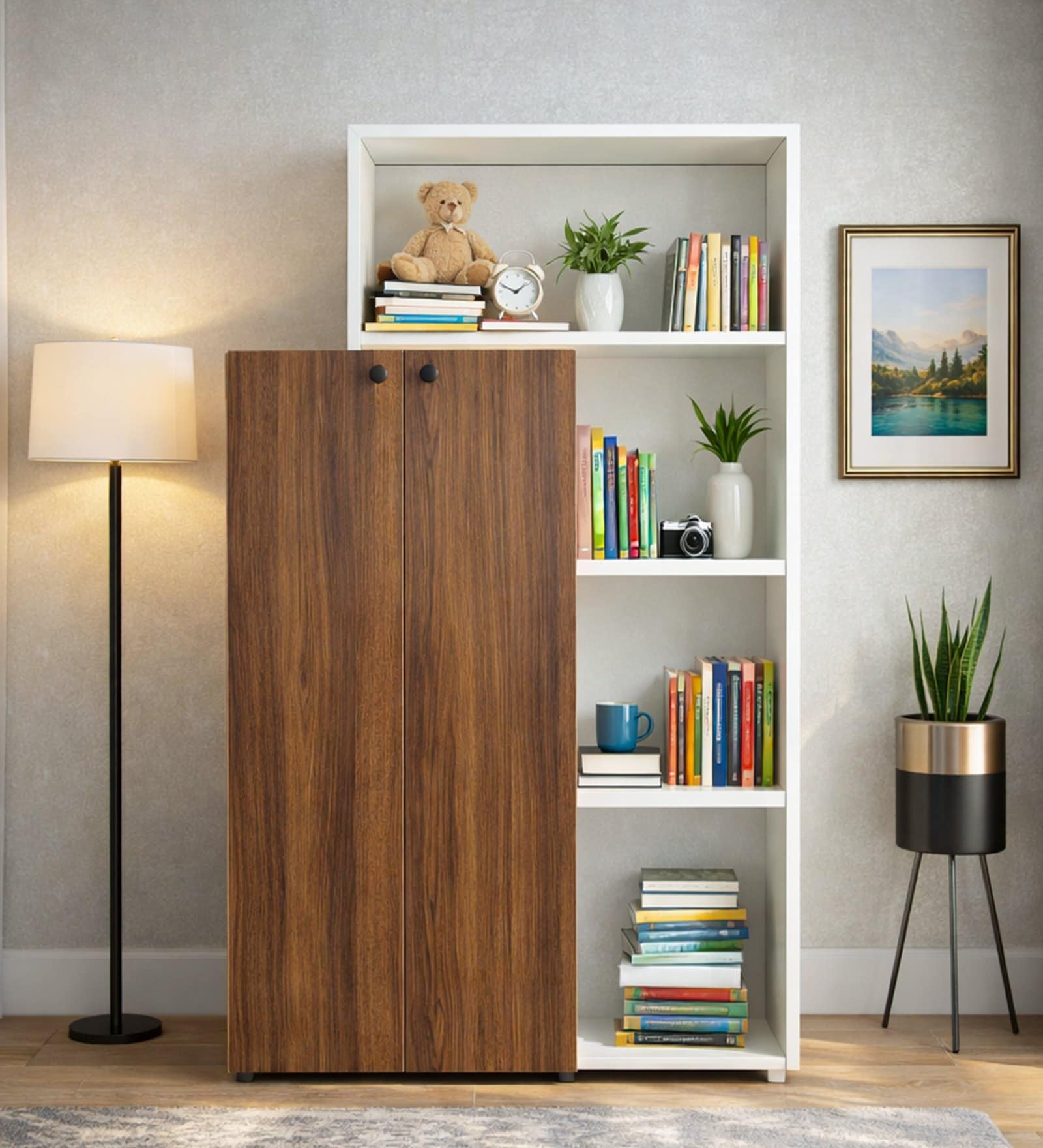 Aura Book Shelf In Frosty White & Rolex Brown Dark Finish