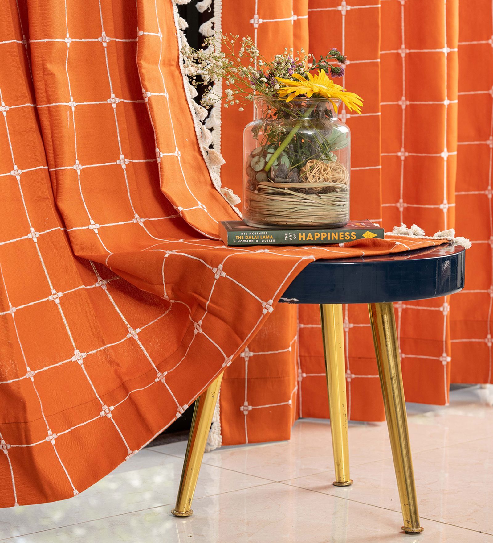 Aura Burnt Orange Checks Embroidery Cotton Curtains for Window Pack of 1