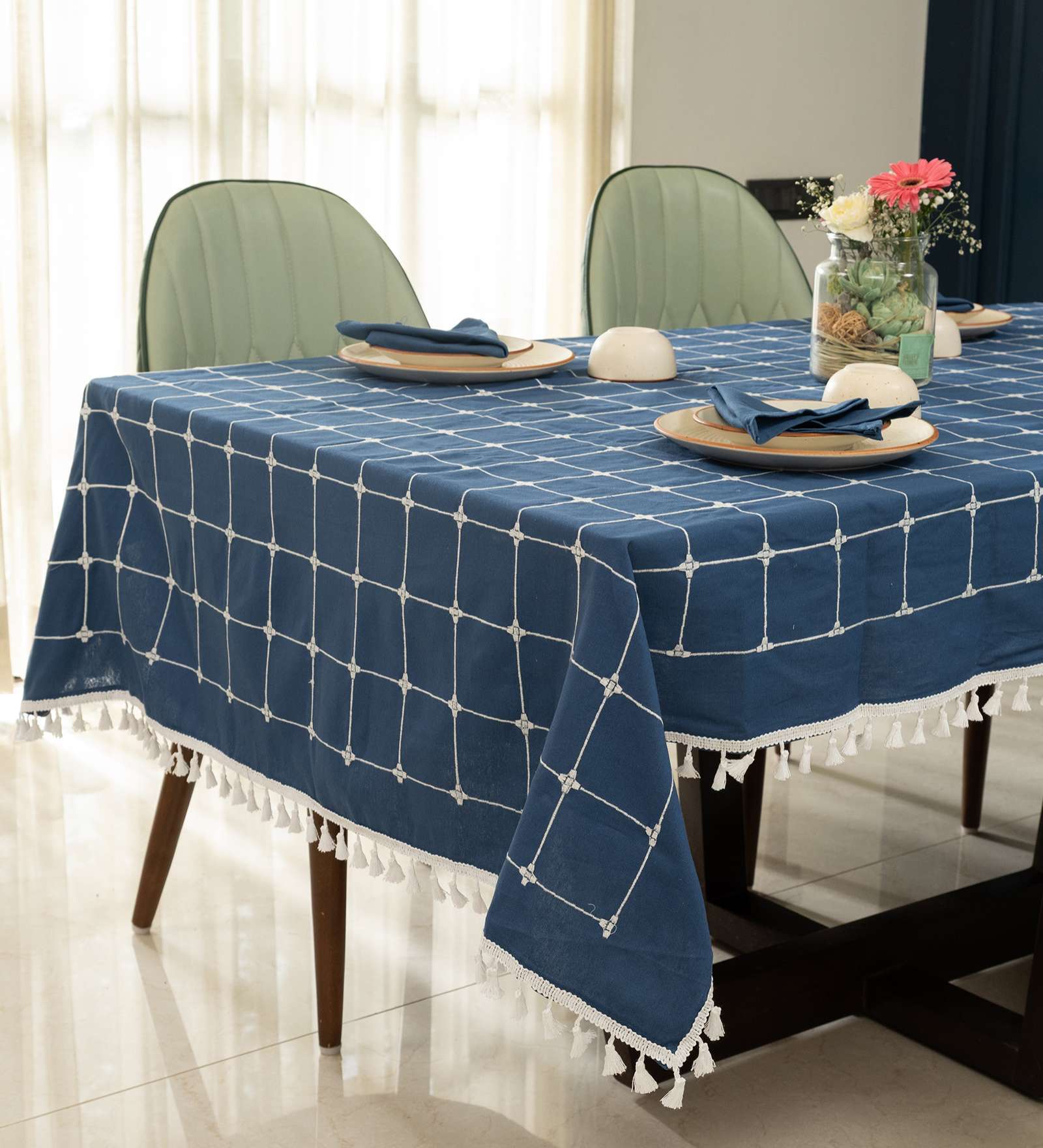 Aura Checks Indigo Embroidered Cotton Table cover ( 4 Seater  )