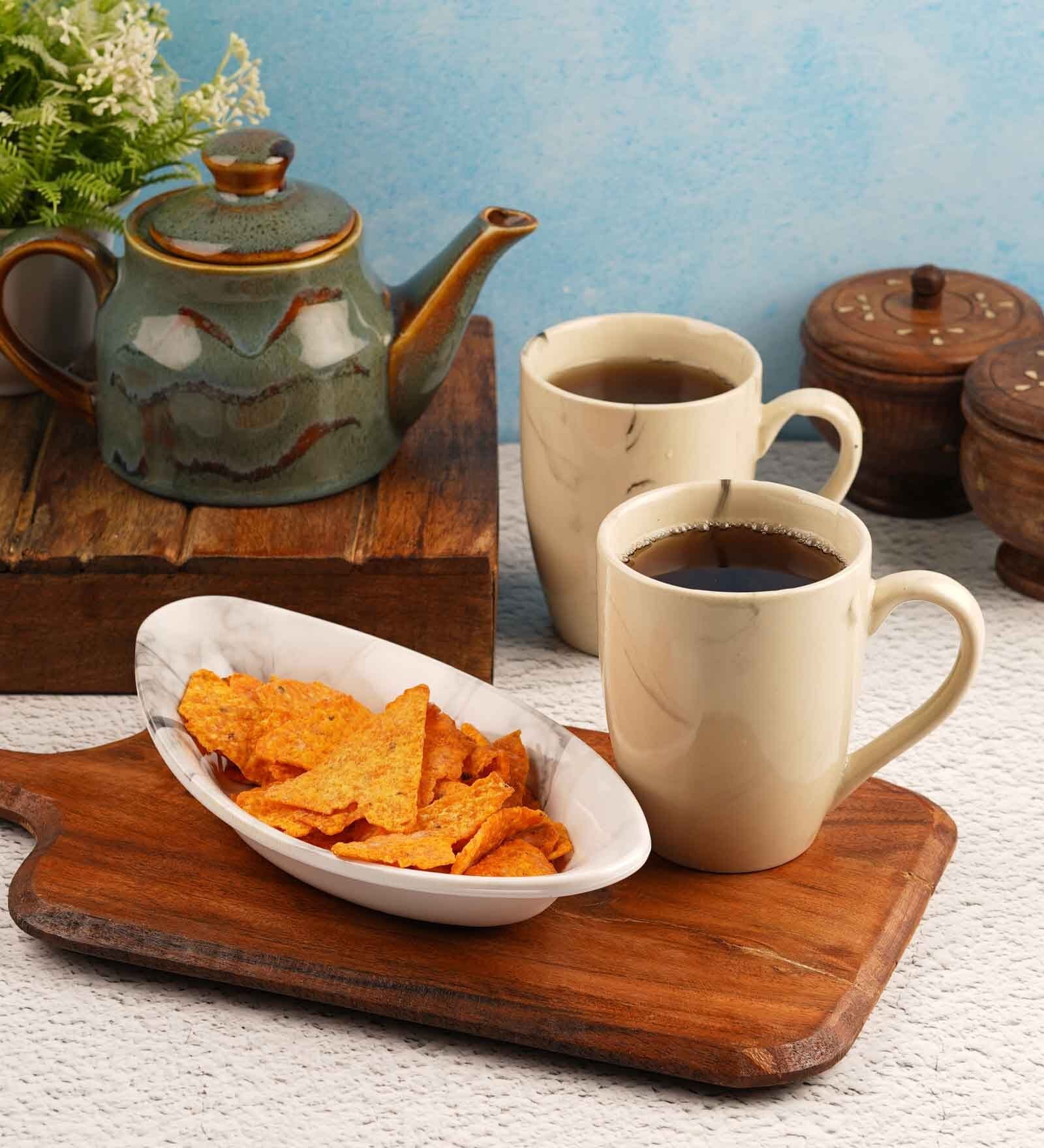 Aura White Ceramic Glossy (Set of 3) Coffee Mug With Tray Gift Set