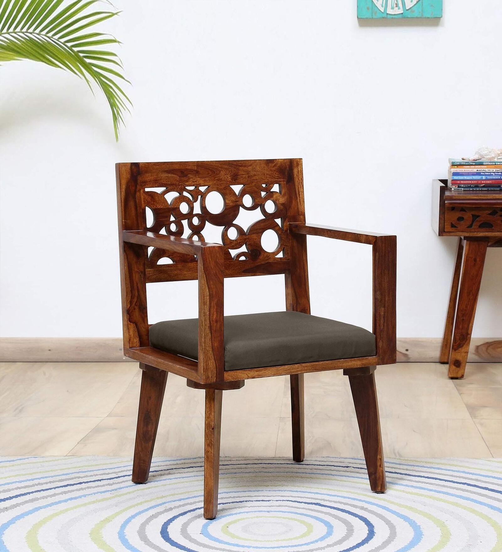 Aura Sheesham Wood Arm Chair in Scratch Resistant Provincial Teak Finish With Olive Cushion