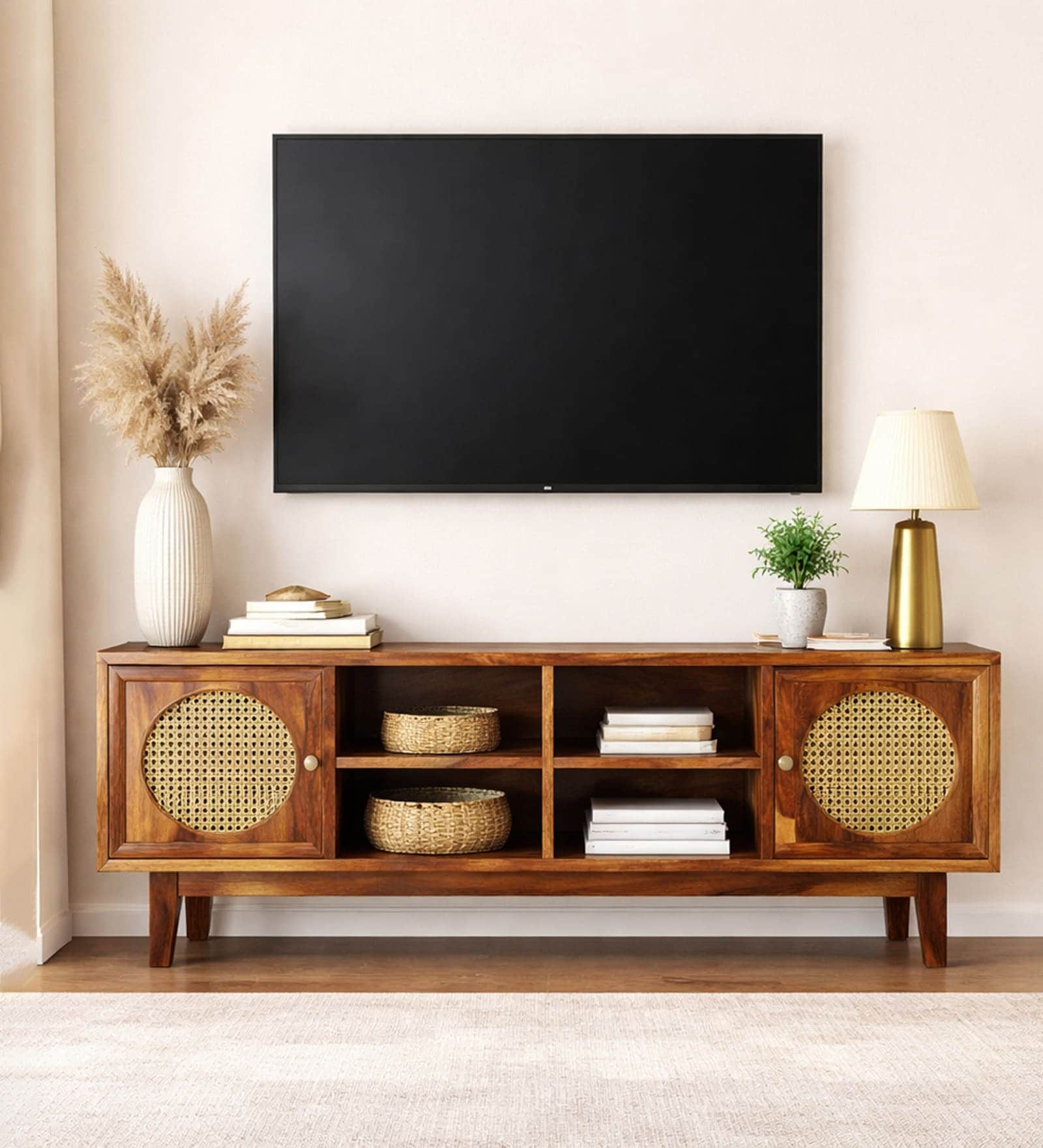 Aura Sheesham Wood With Cane Door TV Console In Natural Finish