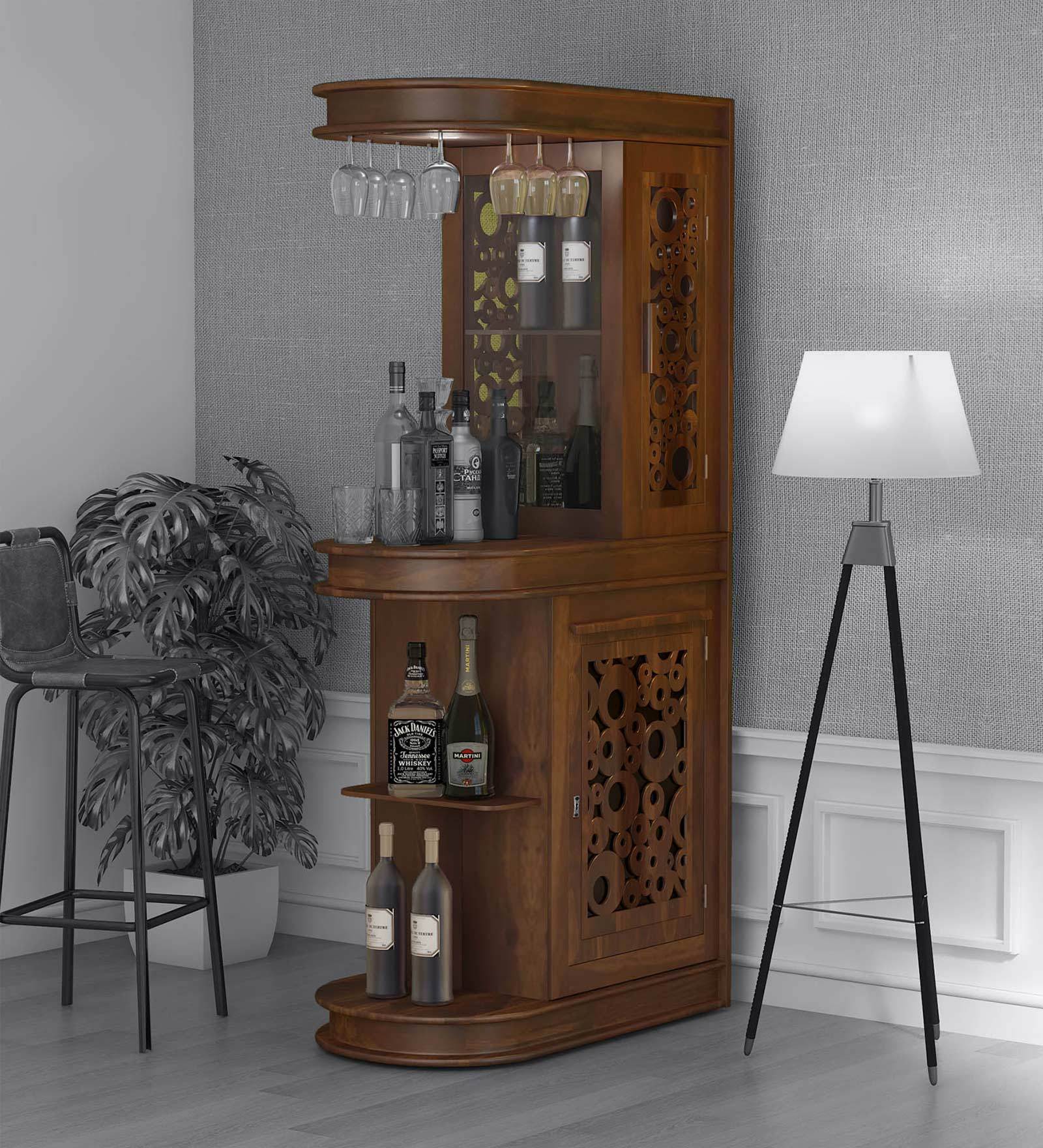 Aura Sheesham Wood Open Bar Cabinet In Provincial Teak Finish