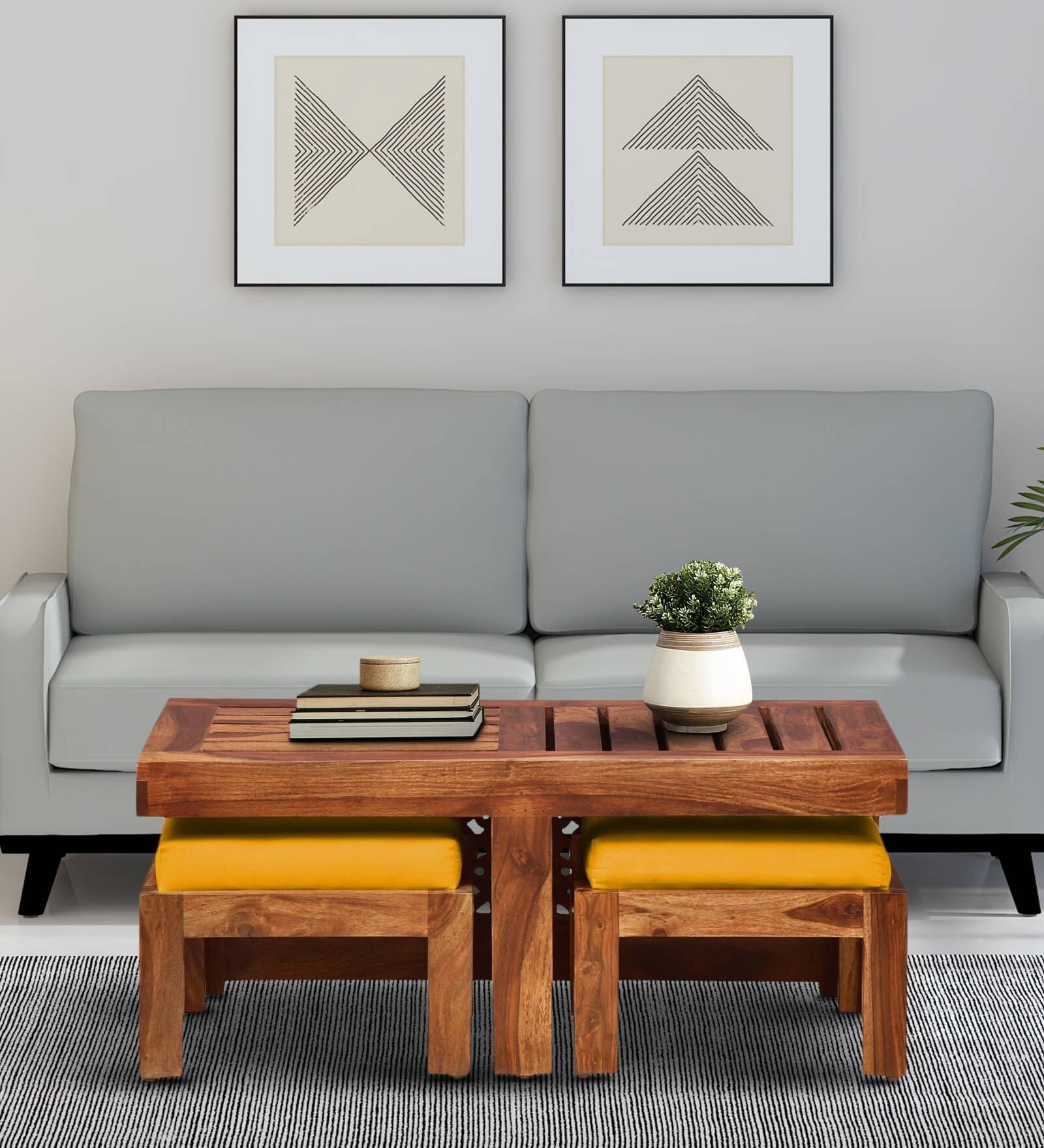Aura Sheesham Wood Nesting Coffee Table Set in Scratch Resistant Rustic Teak Finish With Cushioned Stools