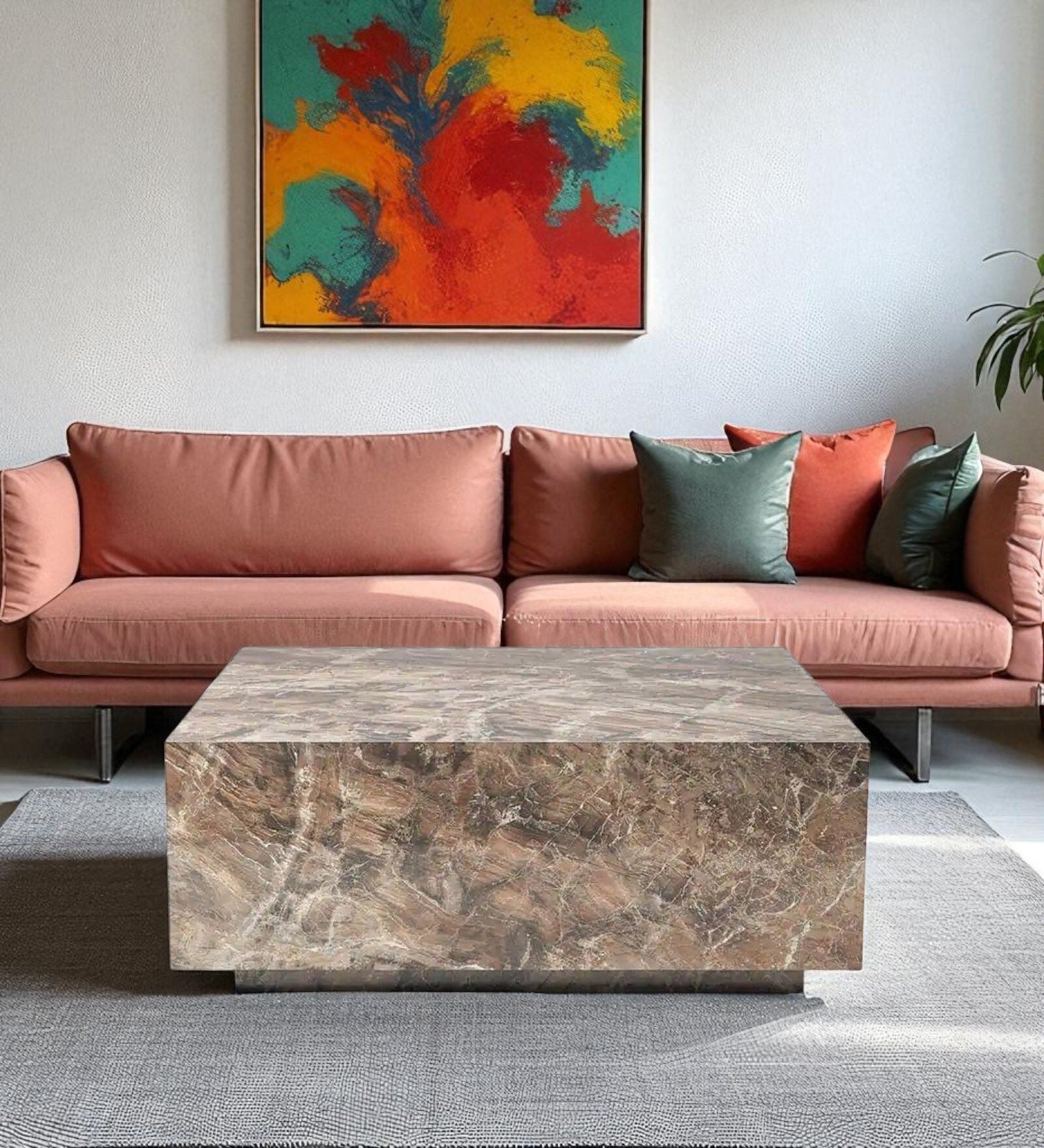 Auraa Coffee Table With Light Veined Stone Design In Brown Colour