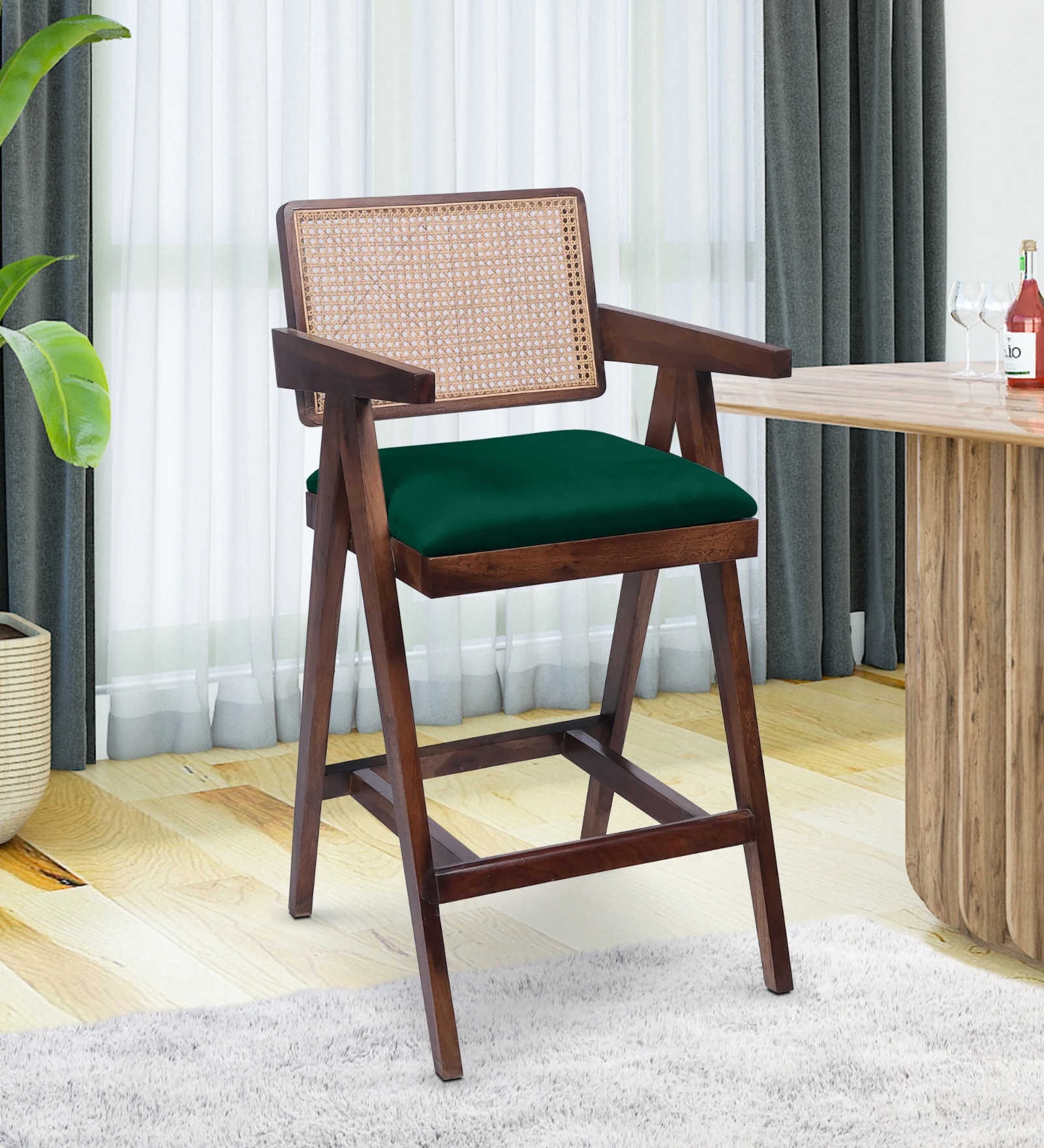 Aurano Sheesham Wood Rattan Bar Chair Intense Green