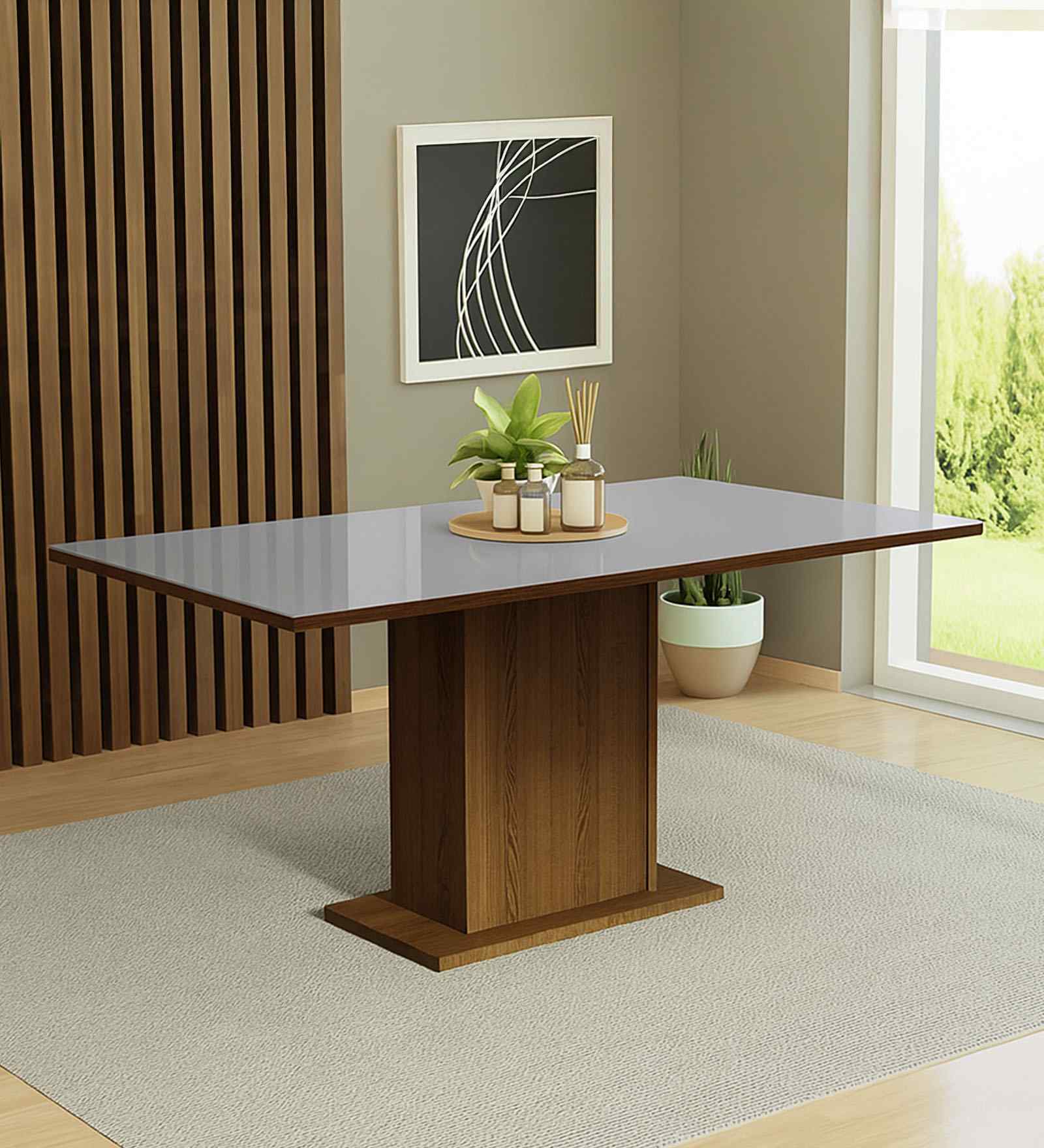 Aurea Glass Table Top 6 Seater Dining Table In Brown & Grey Finish