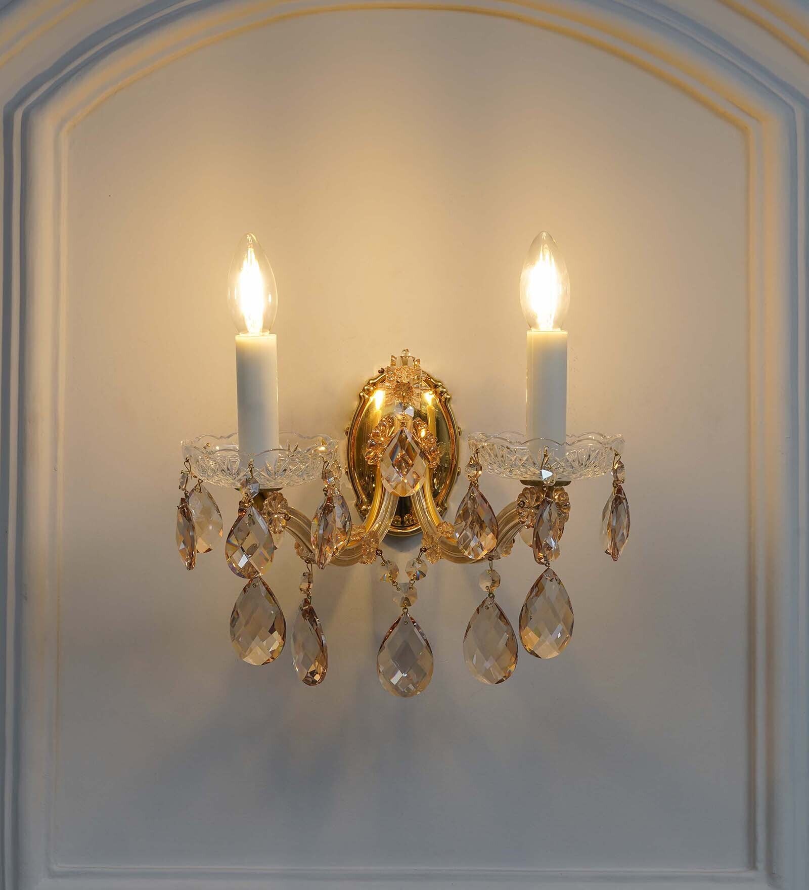 Aurelia 2-Light Gold Finish Crystal Wall Lamp With Hanging Cut Crystals Modern Decorative Wall Light For Bedroom, Hallway & Hotel Interiors