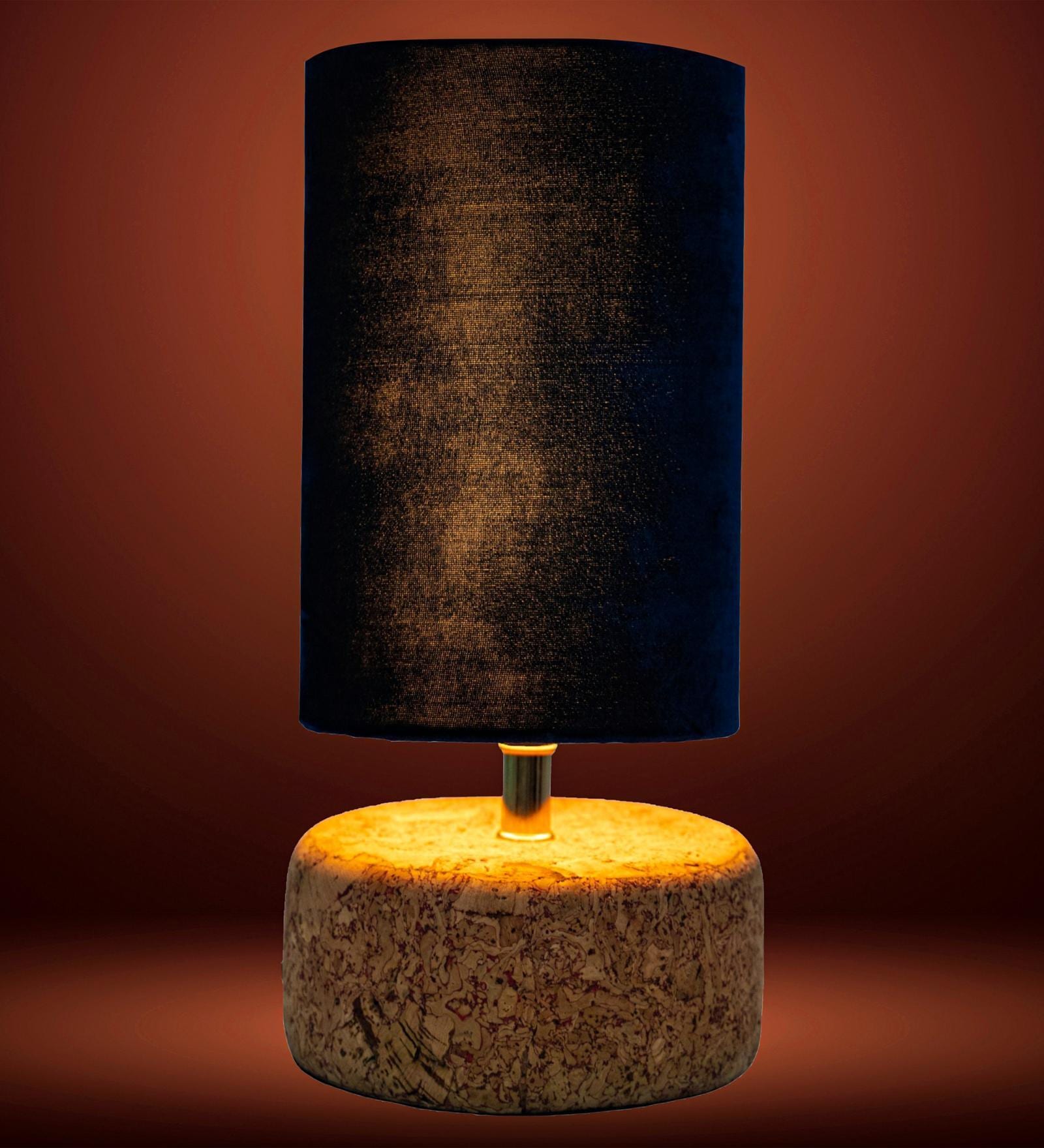 Blue Aurelia Table Lamp in Natural Cork with Blue Velvet Tall Drum Shade