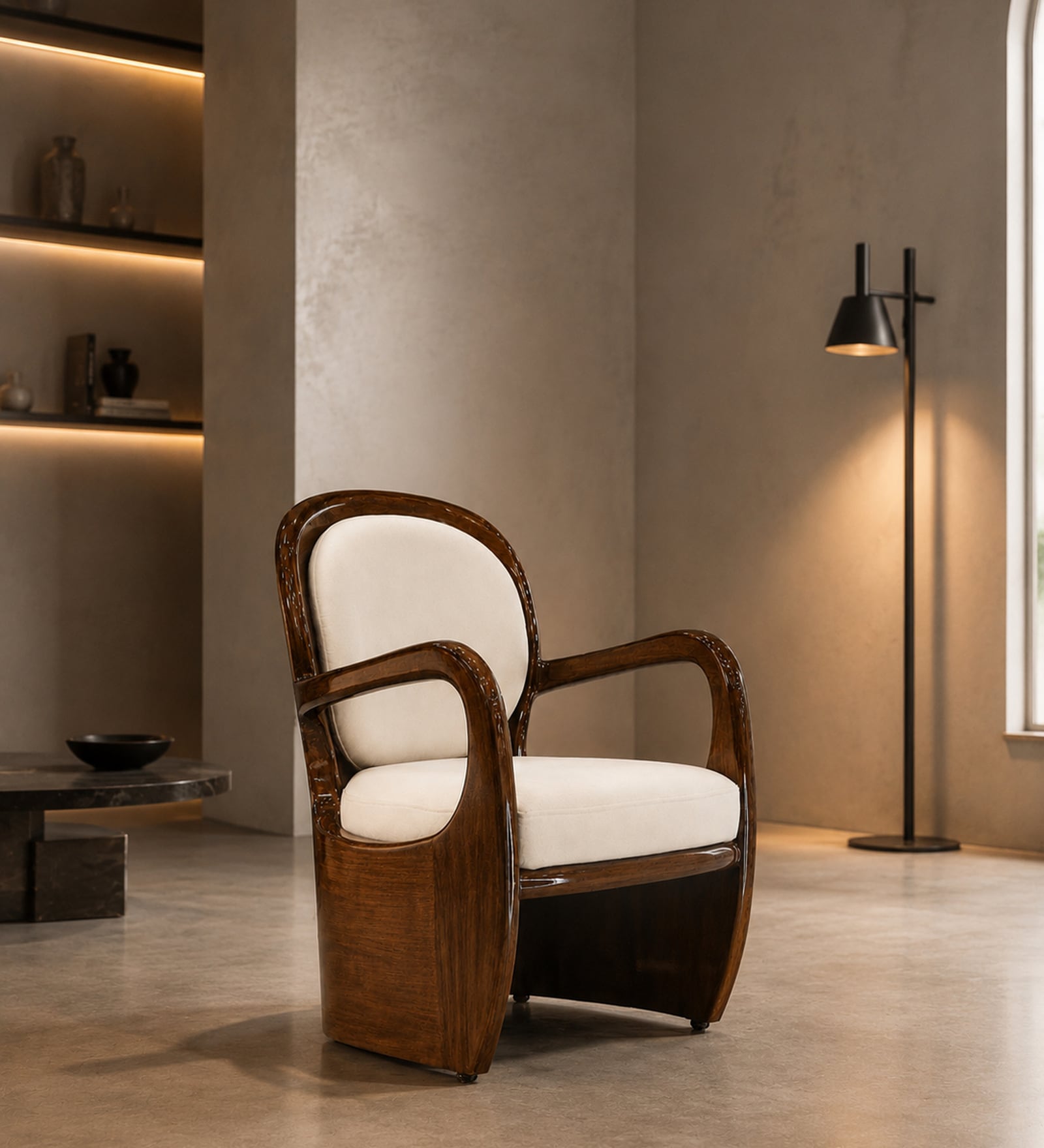 Aureo Solid Mahogany Wood Upholstered Accent Chair With Velvet Cushion In Espresso Brown and White Finish